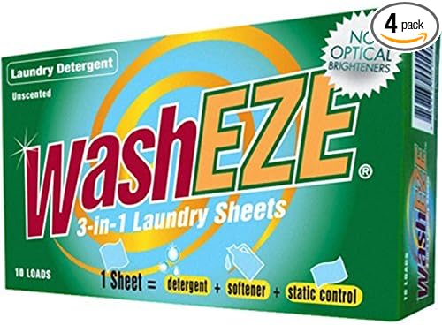 WashEZE 3 in 1 Laundry Detergent Sheets Unscented 40 count with Fabric Softener Fragrance and Phosphate Free- More efficient than pods pacs powders or liquids