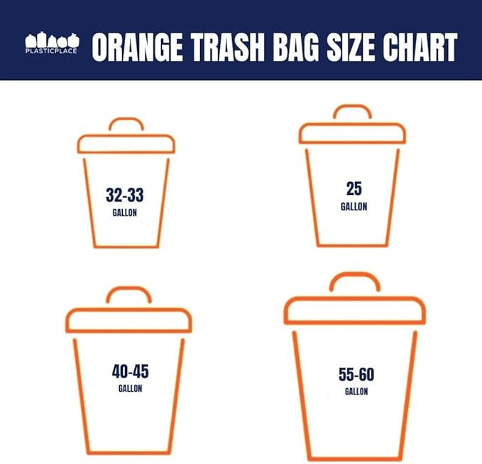 Plasticplace 55-60 gallon Trash Bags │ 1.2 Mil │ Orange Heavy Duty Garbage Can Liners │ 38” x 58” (50 Count)