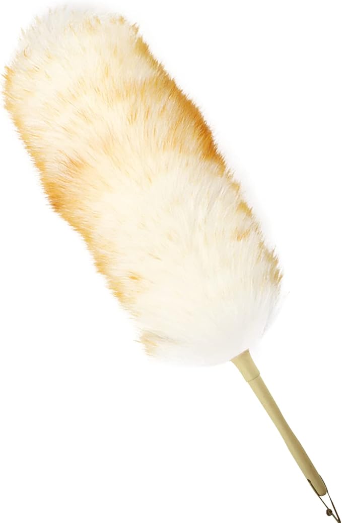 Lambs Wool Duster for Cleaning Window Blinds Computer Furniture TV Computer Screens Bookshelves Solid Wooden Handle Natural Feather Duster,26'', Yellow&White