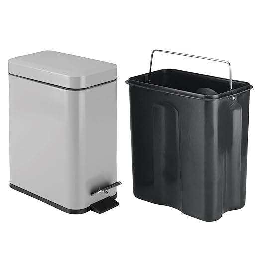 mDesign Small Modern 1.3 Gallon Rectangle Metal Lidded Step Trash Can, Compact Garbage Bin with Removable Liner Bucket and Handle for Bathroom, Kitchen, Craft Room, Office, Garage - Gray