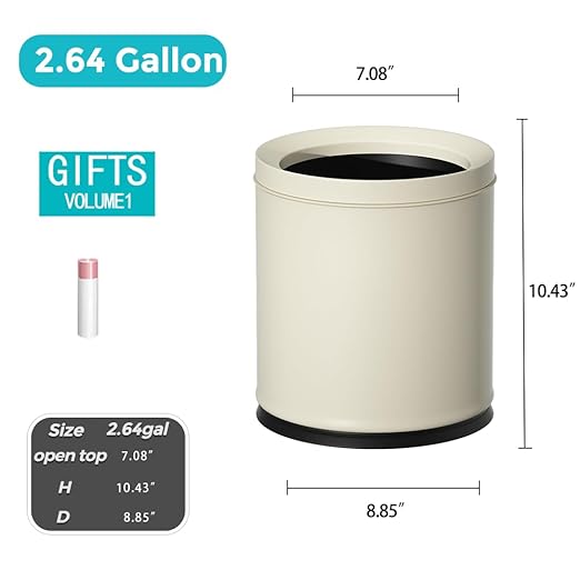 2.6 Gallon/10L White Trash Can,Open Top Metal Waste Basket, Modern,Elegant Garbage Can,Under The Table Trash Bin,for Bathroom,Bedroom,Living Room,Kitchen,Office,Bank,Cafe(White 10L)