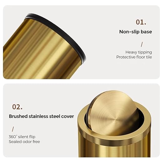 Stainless Steel Gold Bathroom Trash Can with Lid, 9L/2.4Gallon Garbage Can for Bedroom, Kitchen, Office, Living Room (Double Layer)