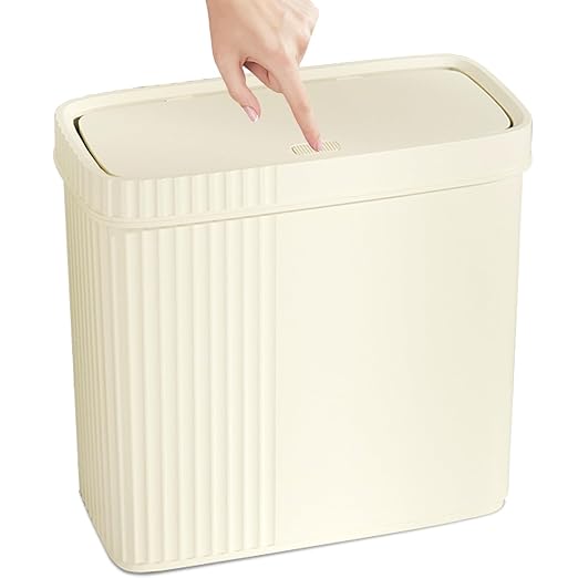 UUJOLY Small Bathroom Trash Can with Lid Slim Wastebasket Garbage Can Plastic Container Basket Trash Bin for Kitchen, Laundry Room, Office, Kids Room, Dorm, Beige, 2.4 Gallon