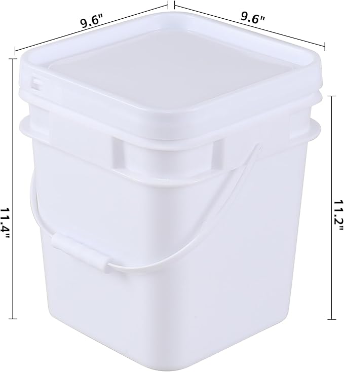 3 Gallon Plastic Square Storage Bucket, 4 Packs Food Grade Buckets with Lid, Utility Pail, White