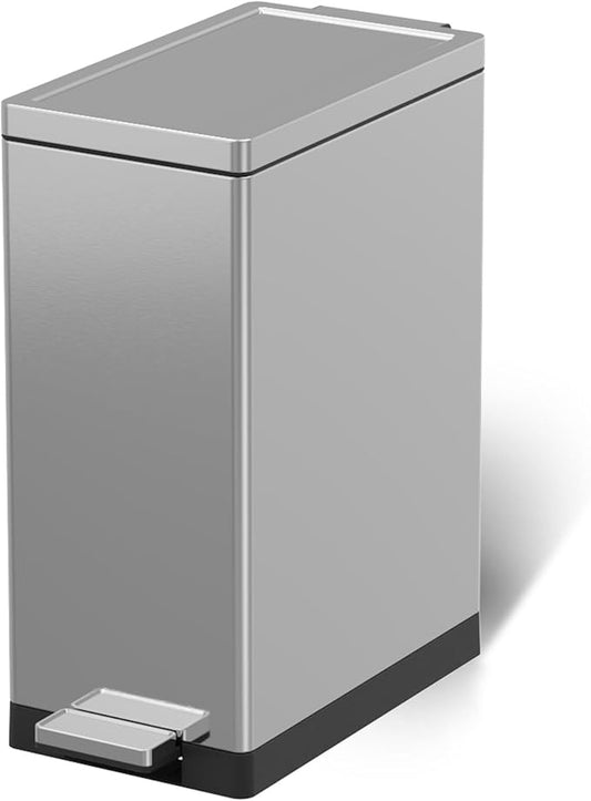 Trash Can with Lid - 45 Liter/12 Gallon Slim Stainless Steel Trash Can Odor Protection Kitchen Garbage Cans with Soft-Close Foot Pedal Anti-Fingerprint for Bathroom Home Office Rectangle
