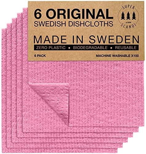 SUPERSCANDI Swedish Dishcloths Eco Friendly Reusable Sustainable Biodegradable Cellulose Sponge Cleaning Cloths for Kitchen Dish Rags Washing Wipes Paper Towel Replacement Washcloths (6 Pack Pink)