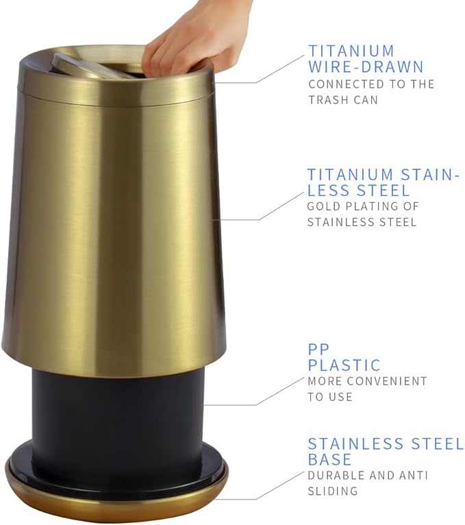 Household Swing Gold Bathroom Trash Can，Brushed Stainless Steel，10 L/3 Gallen，Garbage Can with Flipping Lid， for Indoor or Commercial Use, Kitchen,Modern，Living Room,Bedroom