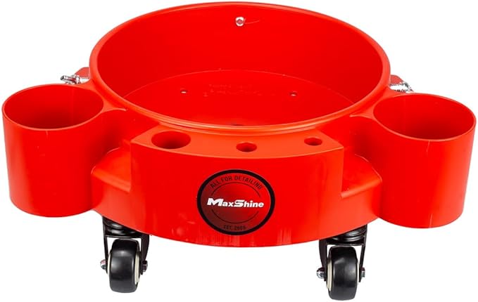 Maxshine 5 Gallon Universal Rolling Bucket Dolly (Red) | Heavy-Duty Detailing Bucket Cart with 5 Wheels & 2 Locking Casters | Mobile Organizer for Compounds, Brushes & Car Wash Supplies