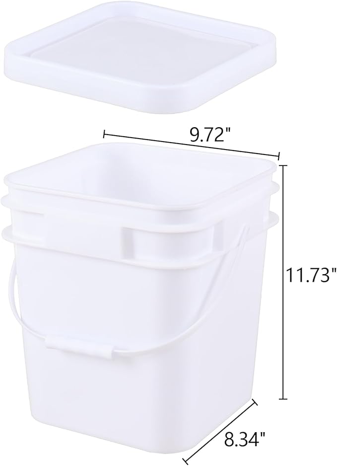 4 Pack Food Plastic Utility Pail with Lid and Handle, 3 Gallon Square Buckets for Storage Food, White