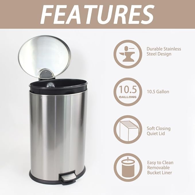Trash Can with Lid - Assembled in USA 40 Liter/10.5 Gallon Stainless Steel Trash Can with Odor Protection Kitchen Garbage cans with Soft-Close Foot Pedal for Bathroom Home Office, Silver