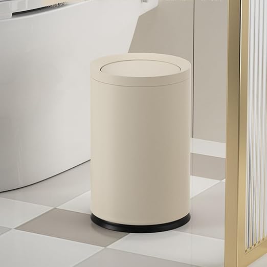 2.3 Gallon/9L White Round Trash Can with Swing Lid, Metal Garbage Can,Modern,Elegant Waste Basket,for Bathroom, Bedroom,Living Room,Office,RV,Home(9L-White)
