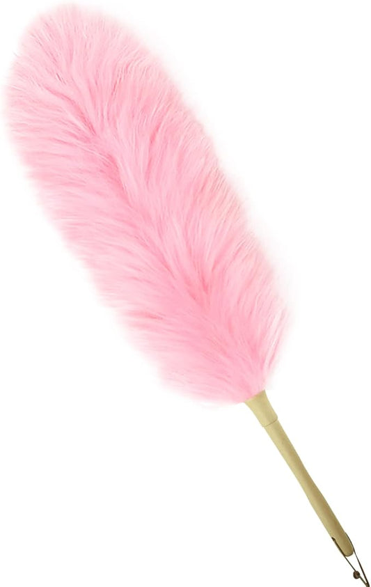 Lambs Wool Duster for Cleaning Window Blinds Computer Furniture TV Computer Screens Bookshelves Solid Wooden Handle Natural Feather Duster,26'', Pink