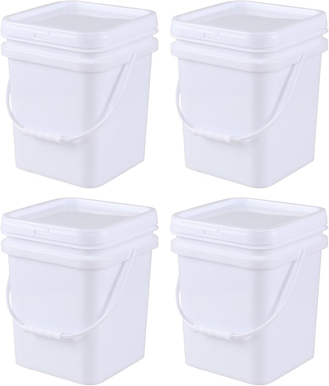 4 Packs Square Food Buckets with Lid, 5 Gallon Plastic Lidded Storage Bucket, Utility Pail, White