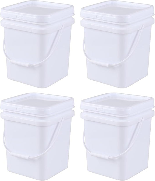 4 Packs Square Food Buckets with Lid, 5 Gallon Plastic Lidded Storage Bucket, Utility Pail, White