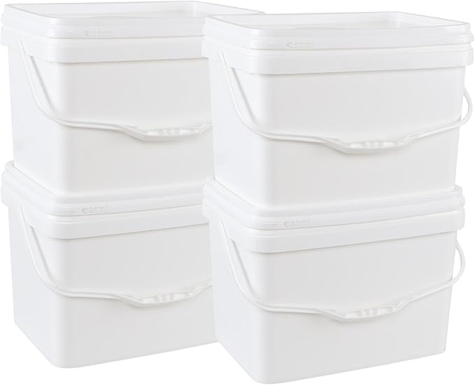 4 Packs Plastic Food Storage Bucket with Lid, 5 Gallon Airtight Plastic Buckets with Handles, White