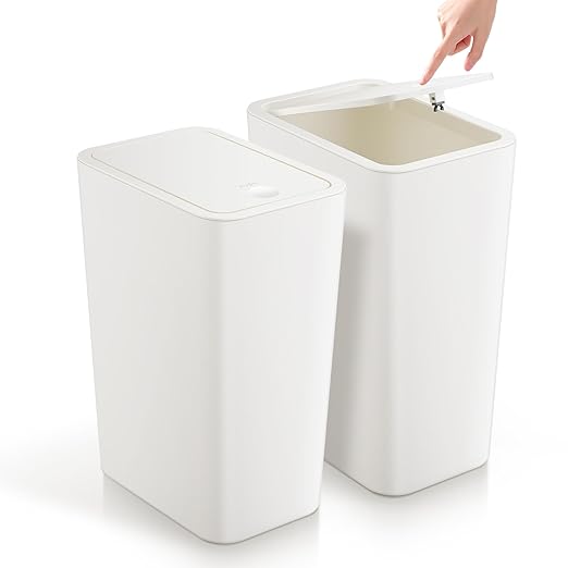 TIPGO Bathroom Trash Can with Lid, 4 Gallon / 15 Liter Small Garbage Can, Press Top Bin, Plastic Wastebasket with Pop-Up Lid for Bedroom, Living Room, Office (White, 2 Pack)
