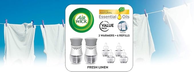 Air Wick Plug in Scented Oil Starter Kit, 2 Warmers + 6 Refills, Fresh Linen, Same Familiar Smell of Fresh Laundry, Eco Friendly, Essential Oils, Air Freshener