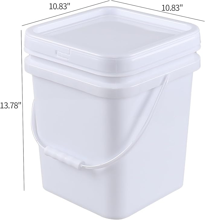 5 Gallon Square Plastic Food Bucket with Handles, 4 Pack Storage Container Pails with Lid, White