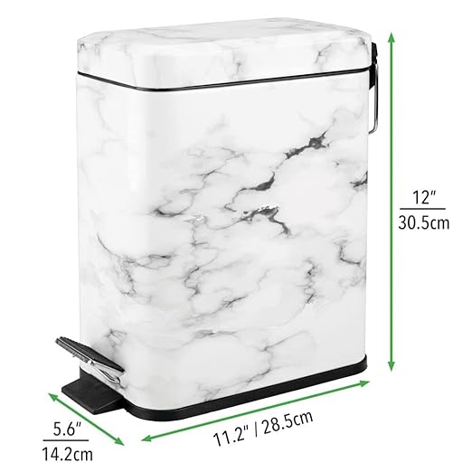 mDesign Small Modern 1.3 Gallon Rectangle Metal Lidded Step Trash Can, Compact Garbage Bin with Removable Liner Bucket and Handle for Bathroom, Kitchen, Craft Room, Office, Garage - White Marble