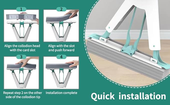 Sponge Mop with Telescope Handle for Kitchen Bathroom Garage Floor Cleaning, Automatic Wringing for Tile Marble Wood Floors, 1 Extra Sponge Head