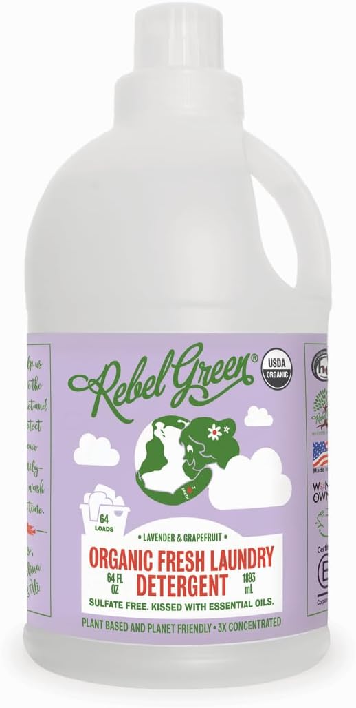Rebel Green USDA Organic HE Liquid Fresh Laundry Detergent - Natural & Hypoallergenic Laundry Soap, Lavender and Grapefruit - 64 Loads