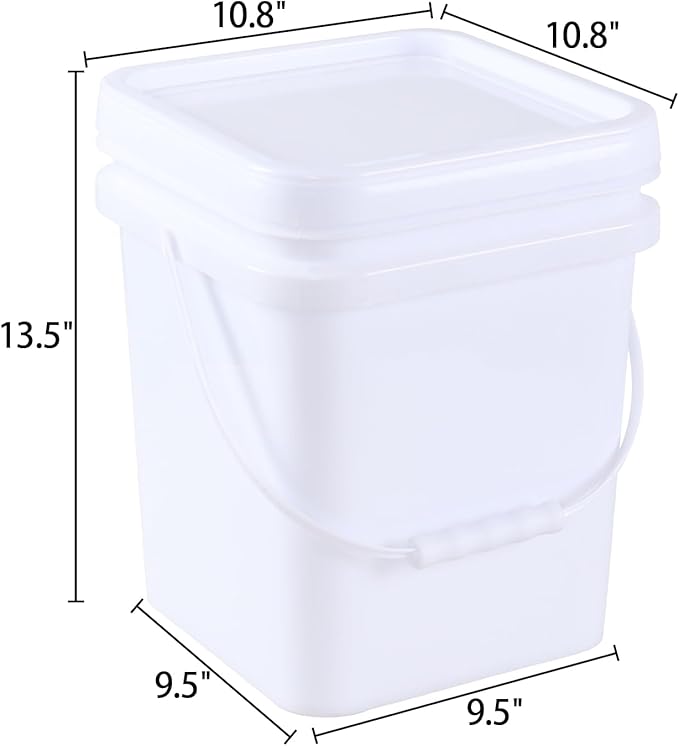 4 Pack 5 Gallon Square Lidded Storage Bucket with Handle, Plastic Bucket Pails Food Grade, White