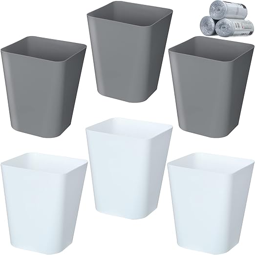 Eccliy 6 Pack Plastic Trash Can with 3 Rolls of Trash Bags Small Wastebasket Garbage Bin Container for Bathroom, Bedroom, Home Office, Living Room, Kitchen (Gray,White)