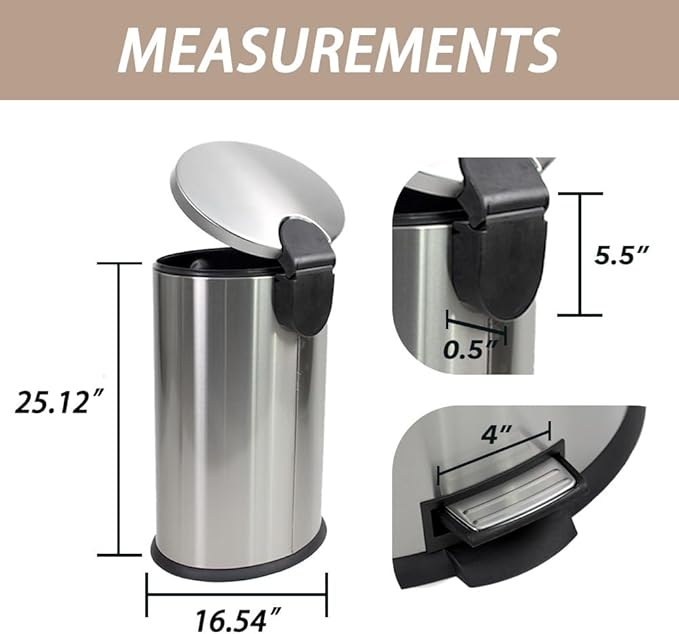Trash Can with Lid - Assembled in USA 40 Liter/10.5 Gallon Stainless Steel Trash Can with Odor Protection Kitchen Garbage cans with Soft-Close Foot Pedal for Bathroom Home Office, Silver