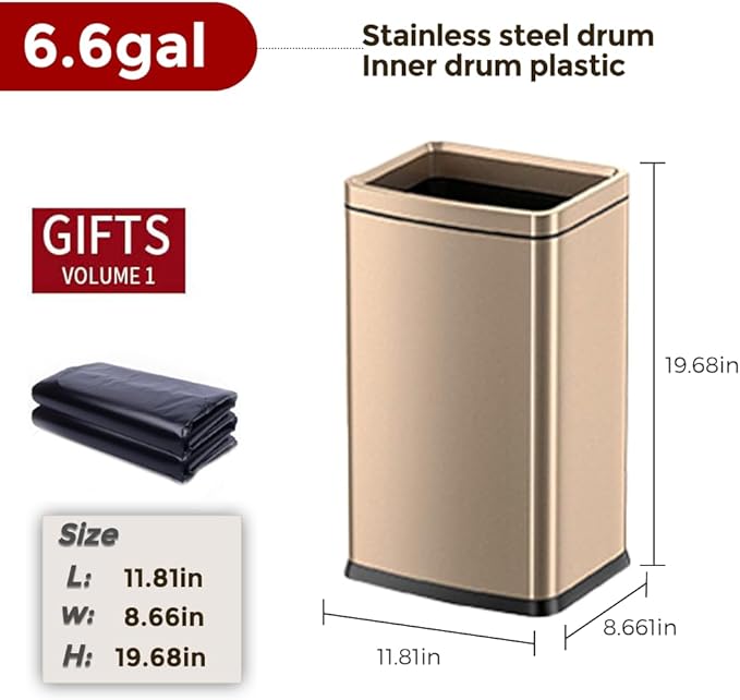 25L/6.6GAL Large Kitchen Trash Can,Tall Open Top Garbage Can,11.81 * 8.66 * 19.68inces,Smooth,Stainless Steel,Commercial,Hospital, Airport