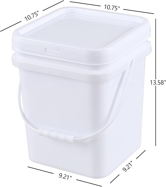 5 Gallon Square Food Plastic Bucket with Lids, White All Purpose Pail with Plastic Handle and Lid, Pack of 4