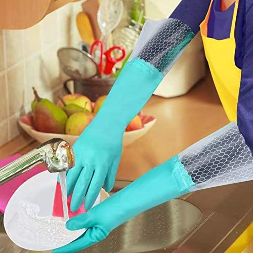 Elgood Reusable Long Dishwashing Cleaning Gloves with Latex Free, Long Cuff,Cotton Lining,Kitchen Gloves 2 Pairs,Purple+Blue Medium