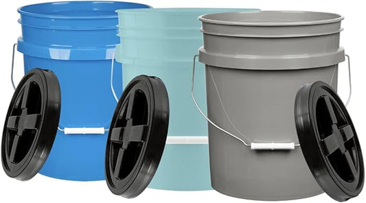 House Naturals 5 Gallon Food Grade Bucket Pail with Airtight Screw on Lid (Pack of 3) BPA Free Made in USA- 3 Colors (Aqua, Blue, Gray, Black lids)