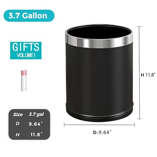 3.7 Gallon / 14L Black Bathroom Trash Can Metal,Double Walled Waste Paper Basket,Bathroom Garbage Can,Elegant,Modern Office Waste Basket,for Bedroom,Kitchen,Hotel,Cafe,Business(14L Black)