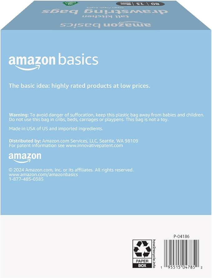 Amazon Basics 13 Gallon Tall Kitchen Drawstring Trash Bags, Clean Fresh Scent, 10% Post Consumer Recycled, 80 count