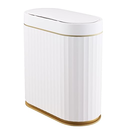ELPHECO Bathroom Trash Can with lid 2.5 Gallon Waterproof Motion Sensor Wastebasket, Automatic Trash Bin Bathroom Decor for Bedroom and Office White with Golden Trim