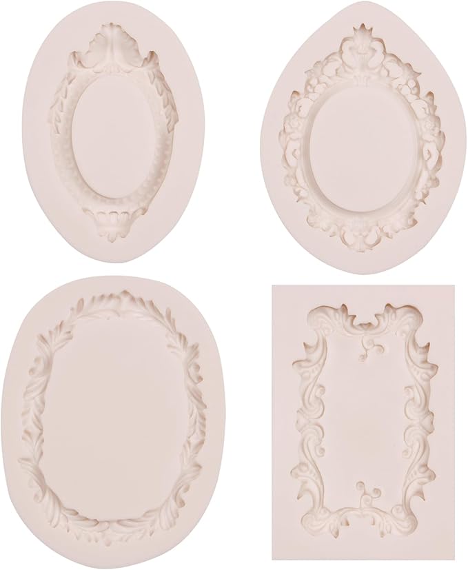 Picture Frame Fondant Molds, 4 Packs Vintage Baroque Mirror Silicone Molds for Chocolate Resin Clay Cake Decorating
