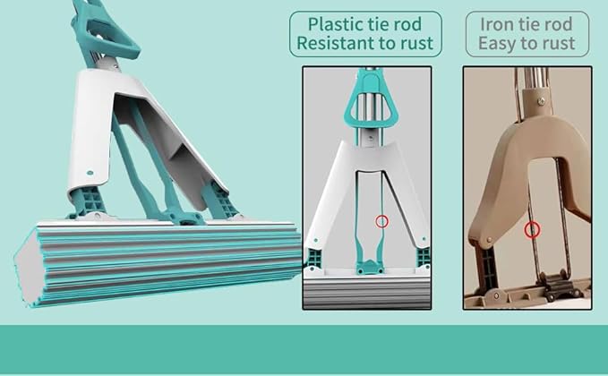 Sponge Mop with Telescope Handle for Kitchen Bathroom Garage Floor Cleaning, Automatic Wringing for Tile Marble Wood Floors, 1 Extra Sponge Head