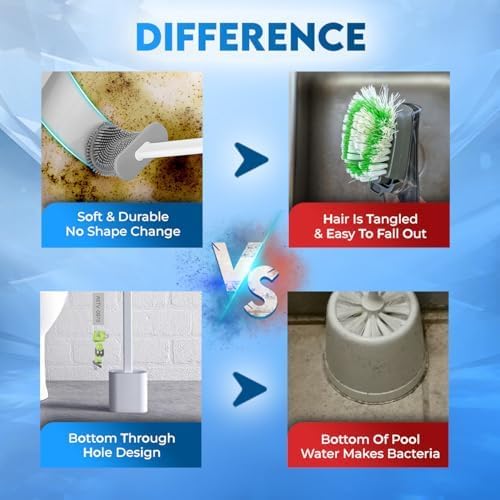 Silicone Toilet Brush and Holder Set – Pack of 2 Wall Mounted Toilet Scrubber Brush White – Long Non-Slip Handle, Modern Design, Flexible Bristles for Easy Cleaning