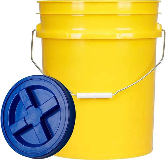 House Naturals 5 Gallon Food Grade Plastic Bucket with Air Tight Screw on Lid Made in USA Container (Yellow Bucket with Blue Lid)