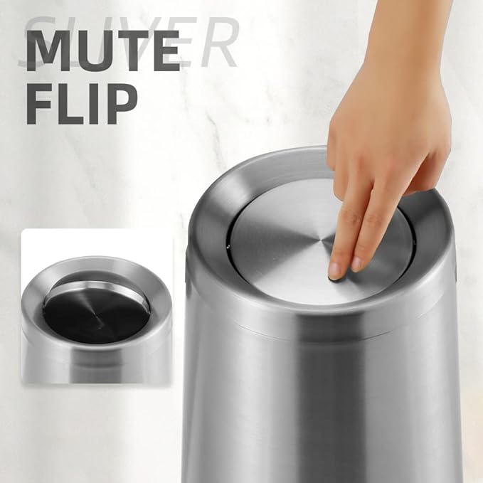 Household Swing Bathroom Trash Can，Brushed Stainless Steel，10 L/3 Gallen，Garbage Can with Flipping Lid， for Indoor or Commercial Use, Kitchen,Modern，Living Room,Bedroom