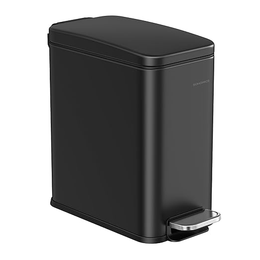 SONGMICS Bathroom Trash Can, 2.6 Gallon (10 L) Small Trash Bin with Lid, Slim for Small Spaces, Stainless Steel Garbage Can, Soft Close, Black ULTB561B10