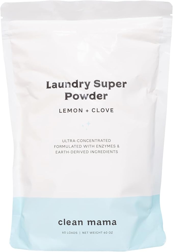 Clean Mama Laundry Super Powder Detergent - Extra Strength Laundry Detergent Powder - Natural Laundry Detergent for Sensitive Skin - Enzyme Powered, Fights Stains & Odors - Lemon + Clove, 60 Loads