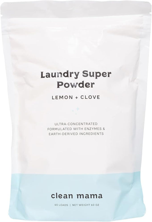 Clean Mama Laundry Super Powder Detergent - Extra Strength Laundry Detergent Powder - Natural Laundry Detergent for Sensitive Skin - Enzyme Powered, Fights Stains & Odors - Lemon + Clove, 60 Loads