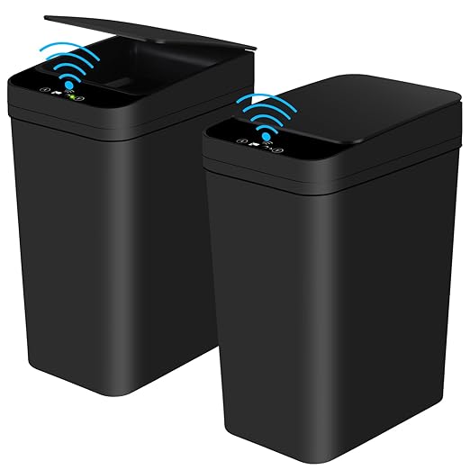 Bathroom Automatic Trash Can 2 Pack 2.2 Gallon Touchless Motion Sensor Small Slim Garbage Can with Lid Smart Electric Narrow Garbage Bin for Bedroom Office Kitchen (Black)