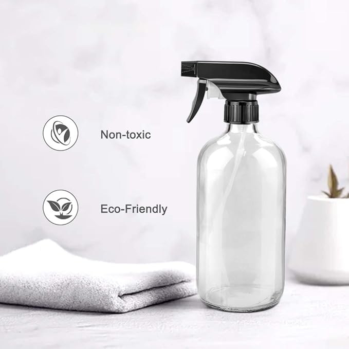 Glass Spray Bottles, 16oz Clear Glass Spray Bottles with Labels & Adjustable Nozzle, Reusable Containers for Cleaning Solutions, BBQ, Food, Plants, Alcohol, Essential Oils(2 Pack)