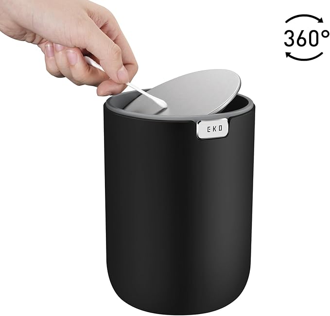 EKO Mini Desk Trash Can with Swing-Top Lid 0.4 Gallon Small Table Round Wastebasket for Office, Home, Car (Black)