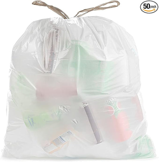 Ultrasac 18 Gallon 2.0 MIL White Drawstring Trash Bags - 25" x 28" - Pack of 50 - For Home, Outdoor, Industrial, & Commercial