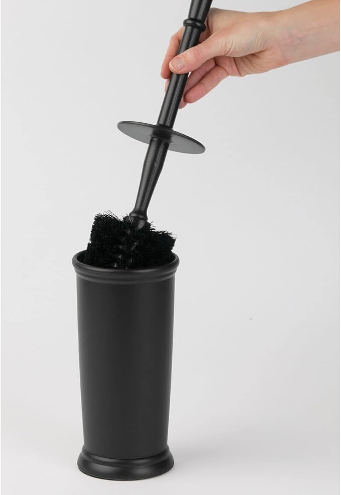 mDesign Toilet Bowl Brush and Holder - Covered Bathroom Toilet Brush - Standing Toilet Bowl Scrubber in Modern Holder - Compact, Space Saving, Deep Cleaning Brush for Toilet - Hyde Collection - Black