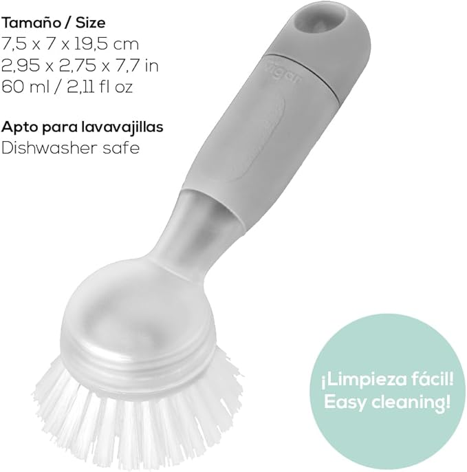 Vigar Rengo Soap Dispensing Dish Brush, Dish Brush with Soap Dispenser for Pot Scrubber, Dishes, Sink Cleaner, and Kitchen Essentials, Grey