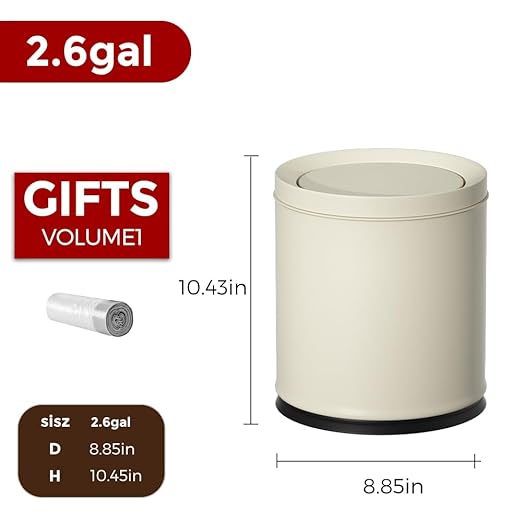 2.6GAL Off White Metal Bathroom Trash Can with Lid,Double Bucket,Swing Lid,Round Waste Basket for Bathroom,Bedroom,Office,Hotel,Bank